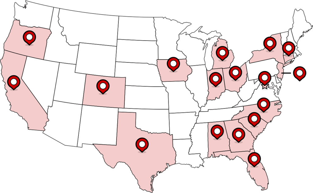 A map of the united states with Honda factory locations.