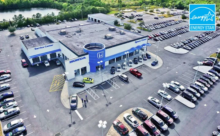 A aerial view of the Honda Space Coast building.